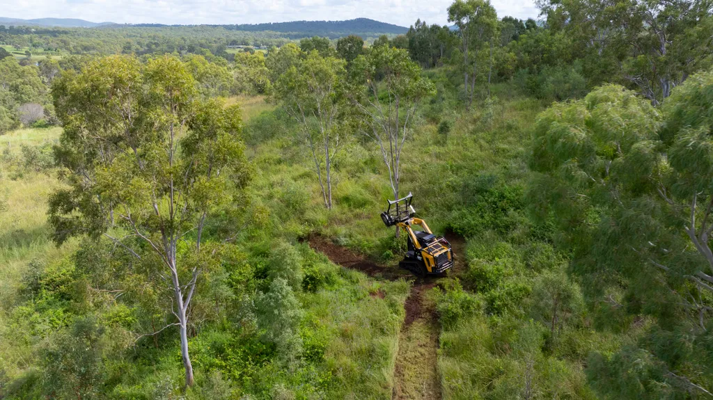 Aerial view of access trail being cleared through dense bush